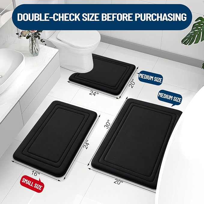 Grandaily Memory Foam Bath Mat Rug 47x24, Ultra Soft, Non-Slip and Absorbent Bathroom Rugs, Machine Wash Dry, Comfortable Bath Carpet for Bathroom Floor, Tub and Shower, Black