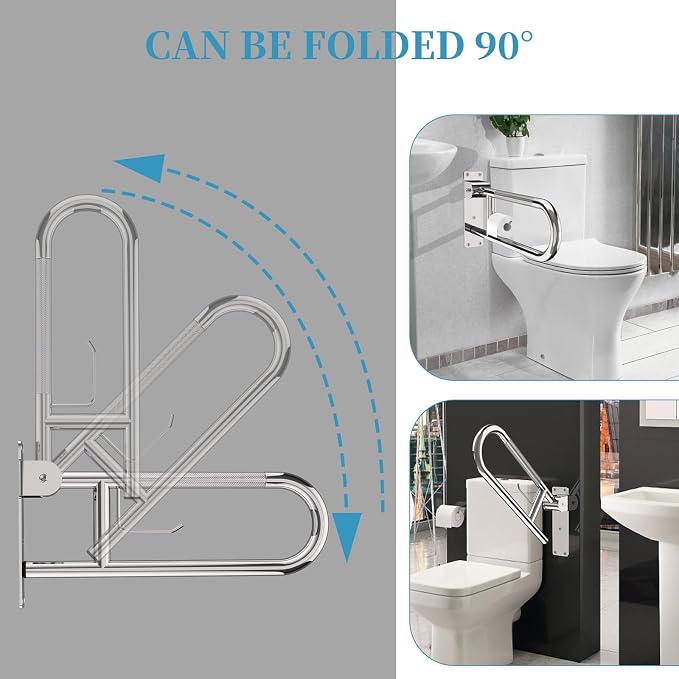 Flip-Up Toilet Grab Bar 24 Inch Chrome, Munzong Handicap Grab Bars | Anti-Slip Bathroom Safety Rails Stainless Steel Knurled Support handrails for Seniors Elderly Disabled Pregnant