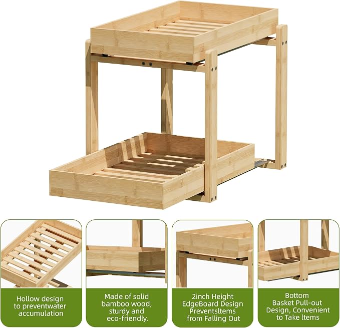 APRTAT 2 Pack Bamboo Under Sink Organizer, 2-Tier Pull Out Storage Drawers | Smooth pull-out drawers keep cleaners and tall bottles visible, organized and easy to reach in kitchen or bathroom cabinets