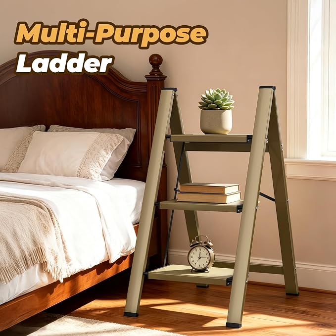 HBTower 3 Step Ladder, Lightweight Aluminum Folding Step Stool | Anti-Slip Wide Pedal, 330lbs Capacity Step Ladder for Household Kitchen Office, Gold