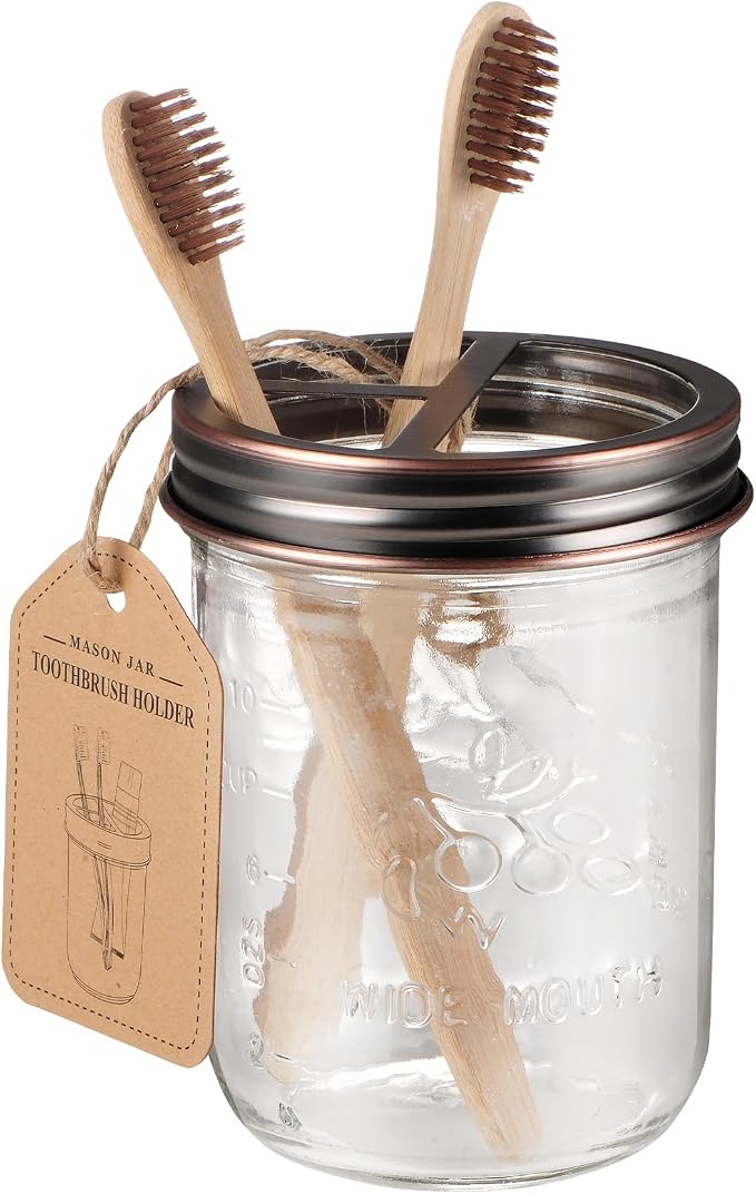 SheeChung Mason Jar Toothbrush Holders, Farmhouse Toothpaste Organizer, 1Pc | Oil Rubbed Bronze Glass Electric Tooth Brush Holder, Bathroom Countertop, Removable Stainless Steel Lid, Rustic Vintage Decor