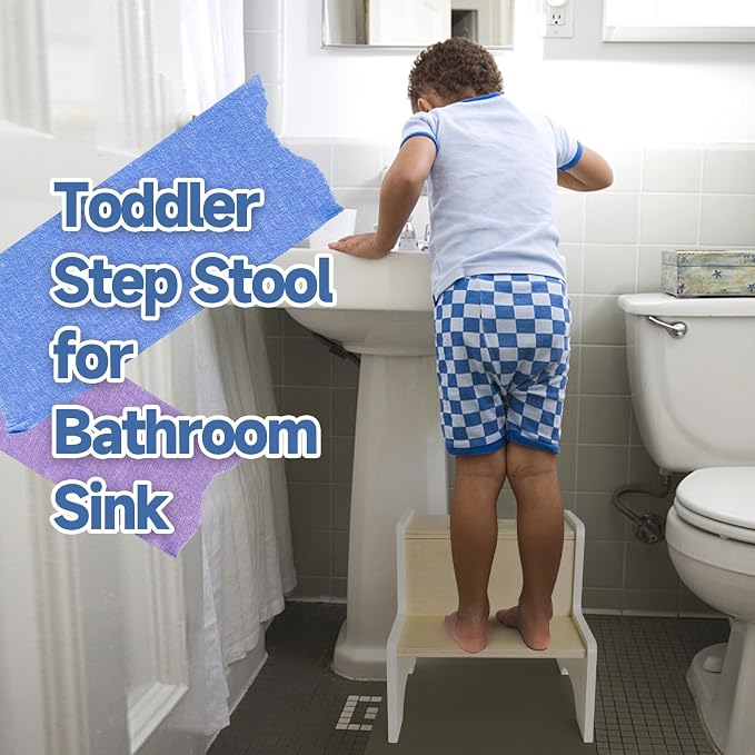 Kids Step Stool for Toddler, Wooden White-Natural Patchwork Two Step Children's Stools with Handles, Bonus Non-Slip Pads for Safety, Bathroom Potty Stool & Kitchen Step Stools Dual Height