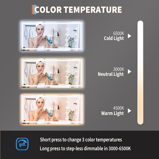 Large LED Bathroom Mirror 60x36 Inch - Frontlit & Backlit Frameless Wall Vanity Mirror with Stepless Dimming, Adjustable Color Temp, Anti-Fog Defogger, Smart Memory & 3X Suction Mirror, Sha