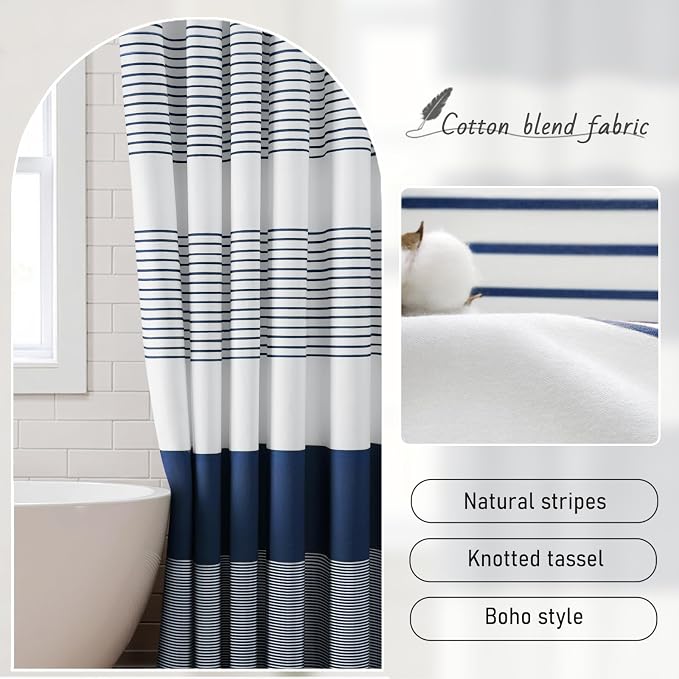 Navy Blue Coastal Ocean Cotton Striped Shower Curtain with Tassel 60W X 72L | Boho Farmhouse Shower Curtains for Bathroom with Soft Cotton Feel