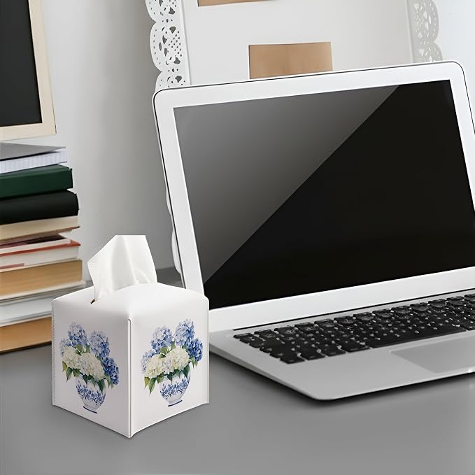 Chinoiserie Blue Hydrangea Square Faux Leather Tissue Box Cover | Blue and White Floral Tissue Holder, Hydrangea Accessories, for Bathroom, Car, Office Desk, 5.3x5.3x5.3