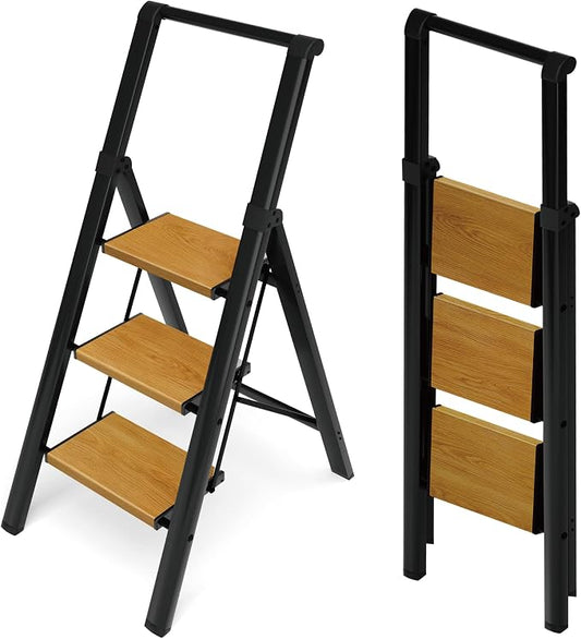 HillhutApex Aluminum 3 Step Ladder, Step Stool Foldable(Black Woodgrain) | Anti-Slip Pedals,330lbs Capacity,Lightweight Folding Ladders for Home,Office,Libaray