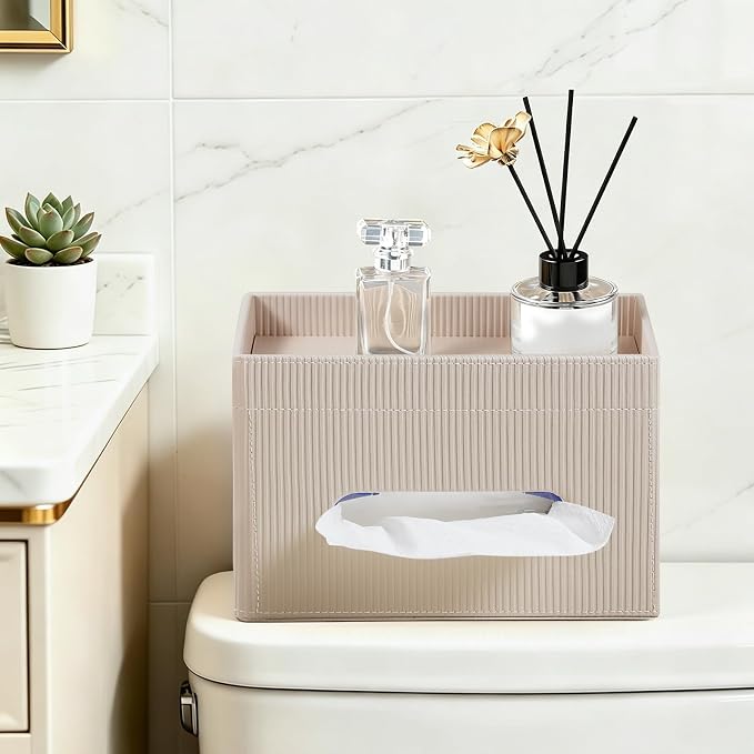 Rectangular Tissue Box Cover PU Leather Tissue Box Holder Rectangle | Magnetic Closure, Storage Tray, For All Full-Size Rectangular Tissue Box, For Bathroom NightStands Office Desk Decorative