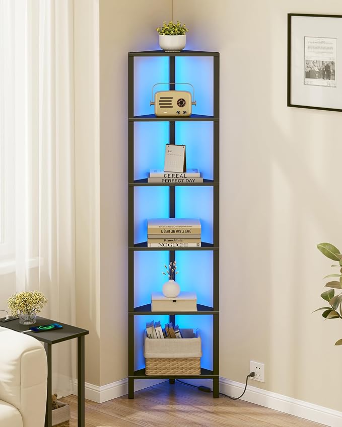 TUTOTAK Corner Shelf with LED Light, 6-Tier Corner Bookshelf | for Small Space, Narrow Display Corner Shelf Stand with Storage Rack, for Living Room, Bedroom, Black BS05BK006L