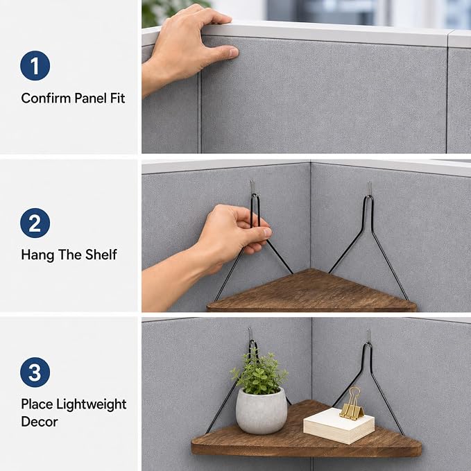 2PCS Fabric Wall Cubicle Corner Shelf with Hooks, Wooden Organizer | 11.81 x 8.46 In Triangular Hanging Shelves For Office Fabric Walls, Work Display Storage, Small Planter, Photo, Decor