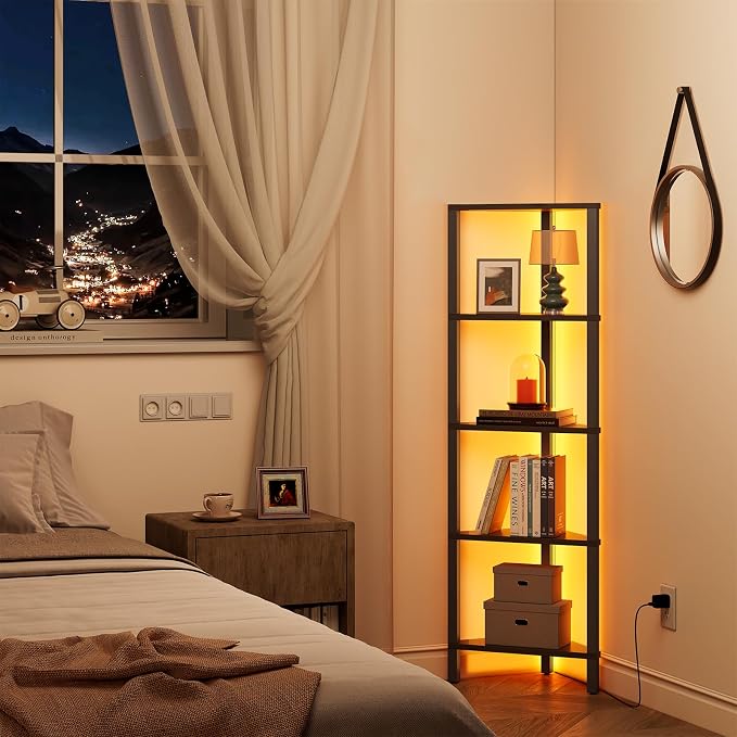 TUTOTAK Corner Shelf with LED Light, 5-Tier Corner Bookshelf | for Small Space, Narrow Display Corner Shelf Stand with Storage Rack, for Living Room, Bedroom, Black BS05BK005L