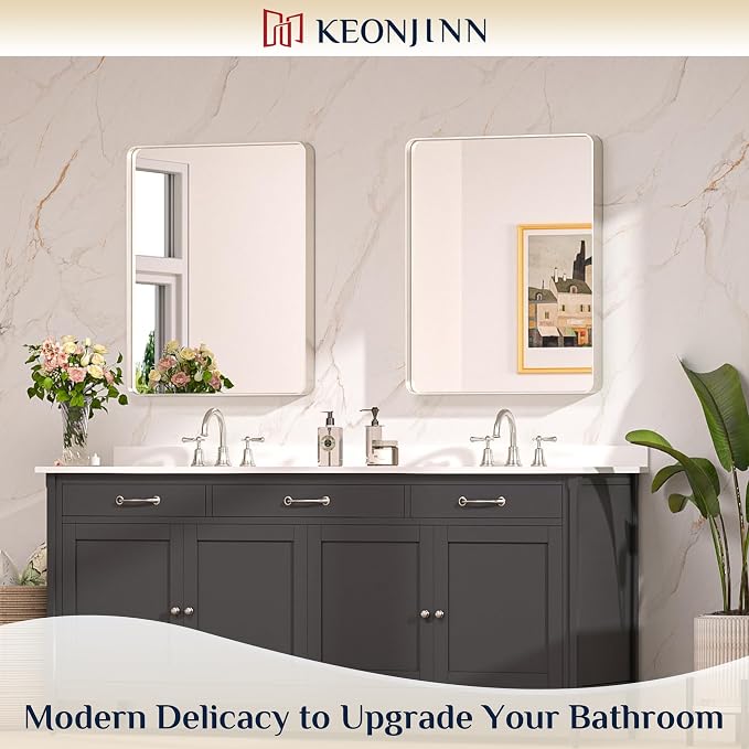 Keonjinn 28 x 36 Inch Brushed Nickel Bathroom Mirror, Tempered Glass | Rounded Rectangle Vanity Mirror, Silver Bathroom Mirrors for Over Sink, Rust-Resistant Aluminum Frame, French Cleat Mount