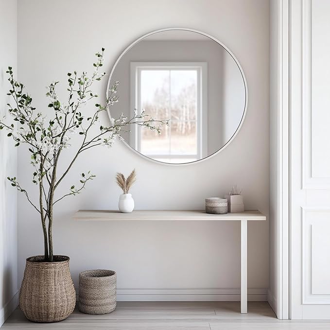 White Round Mirror, White Round Mirror 24 inch, Circle Wall Mirrors Metal Frame, Circular Mirrors for Bathroom, Wall, Living Room, Entryway, Hallway, Vanity, Rustic