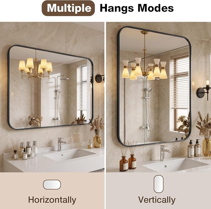 24"x36" Bathroom Mirrors for Over Sink, Matte Black Rectangle Vanity Mirror | Aluminum Alloy Frame, Clear Reflection, Rust-Resistant, Vertical or Horizontal, Wall Mount, Bedroom and Entryway