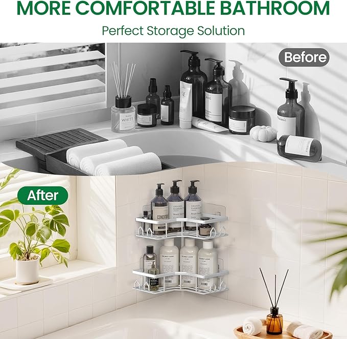 Adhesive Shower Caddy, 6 Pack Corner Bath Organizer, Rustproof Stainless Steel Shower Shelves with Large Capacity, No Drilling Shelves for Bathroom Storage, Home, Kitchen Décor (White).