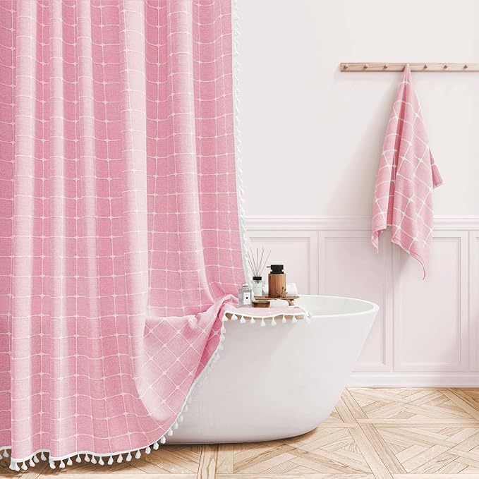Pink Boho Farmhouse Linen Heavy Duty Fabric Shower Curtain Set, 72x72 | 330GSM Linen Blend, Classic Plaid, 3-side Tassels, Water Repellent Cloth, 12 Plastic Hook, Rustic Bohemian, Machine Washable