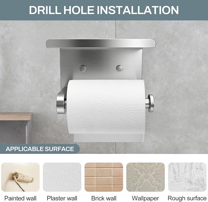 SetSail Toilet Paper Holder with Shelf Adhesive or Screw-in Brushed Nickel | 2 Packs,Adhesive or Screw-in,Waterproof and Rustproof Stainless Steel,Wall Mount Design,for Bathroom Hardware Accessories