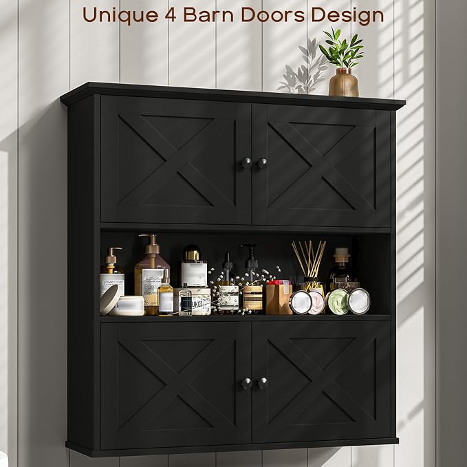 Vabches Bathroom Wall Cabinet, Farmhouse Medicine Cabinet with 4 Barn Doors, Large Wooden Vintage Storage Cabinet Wall Mounted for Bathroom, Kitchen, Black