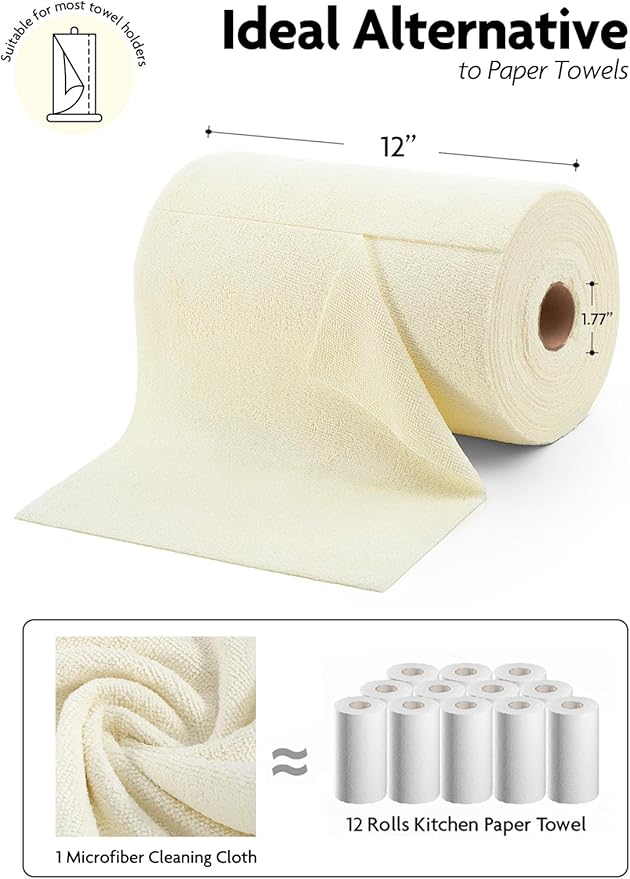 Fantasticlean Microfiber Cleaning Cloth Roll- 75 Sheets, 12" x 12" (Beige) | Super Absorbent, Lint-free, Tear-away Microfiber Towel Roll, for All-Purpose Cleaning, Reusable Alternative to Paper Towels