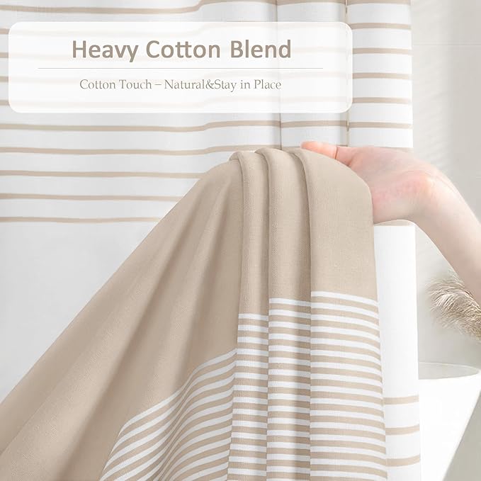 Beige Boho Cotton Striped Shower Curtain with Tassel 60" W X 72" L | Boho Farmhouse Shower Curtains for Bathroom with Soft Cotton Feel
