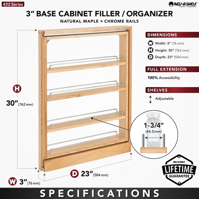 Rev-A-Shelf Kitchen Cabinet Pullout Wall Filler, 3" W x 30" H | Wooden Slide Out Pantry Storage Organizer that fits Between Two Kitchen Cabinets, New Construction Only, 432-BF-3C