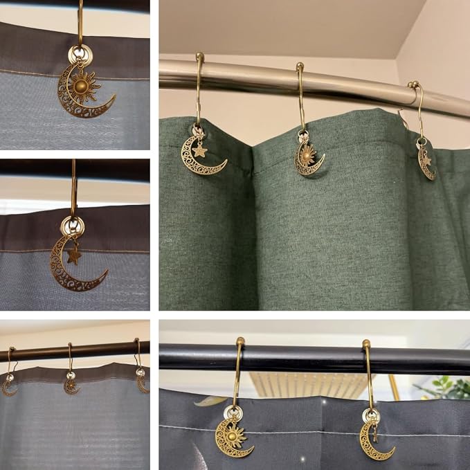 Decorative Moon Shower Curtain Hooks Set of 12 for Bathroom Shower Rods | Rustproof Curtain Rings with Vintage Moon Suns Stars Celestial Bodies Gothic Mystic Boho Theme Bathroom Decor, Bronze