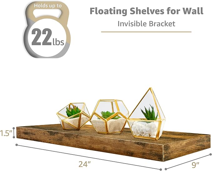 Sorbus Floating Shelves for Wall - 24" Bathroom Shelves, Wall Decor for Bedroom, Kitchen, Living Room, Home Decor & Book storage - Mounted Floating Shelf with Invisible Brackets (Rustic Brown, 2 Pack)