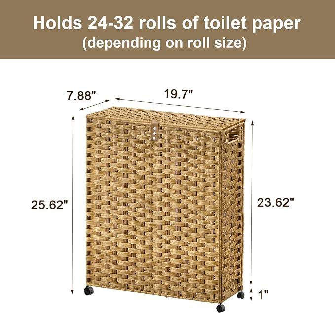 Hiagnete Toilet Paper Storage Basket with Lid and Wheels, Rattan Toilet Paper Holder Storage, Toilet Paper Organizer for Bathroom, Bedroom, Kitchen, 19.7”L x 7.9”W x 24.62”H, Natural