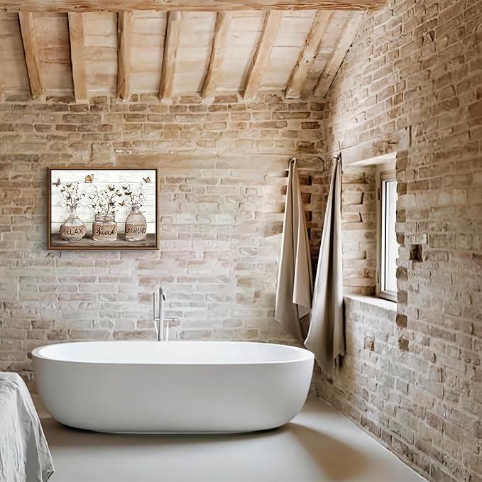 BJVJKSU Framed Farmhouse Bathroom Wall Art Brown Rustic Cotton Flower Bathroom Canvas Wall Decor Relax Soak Unwind Sign Painting Print Vintage Aesthetic Picture Artwork Decor(16x24in)