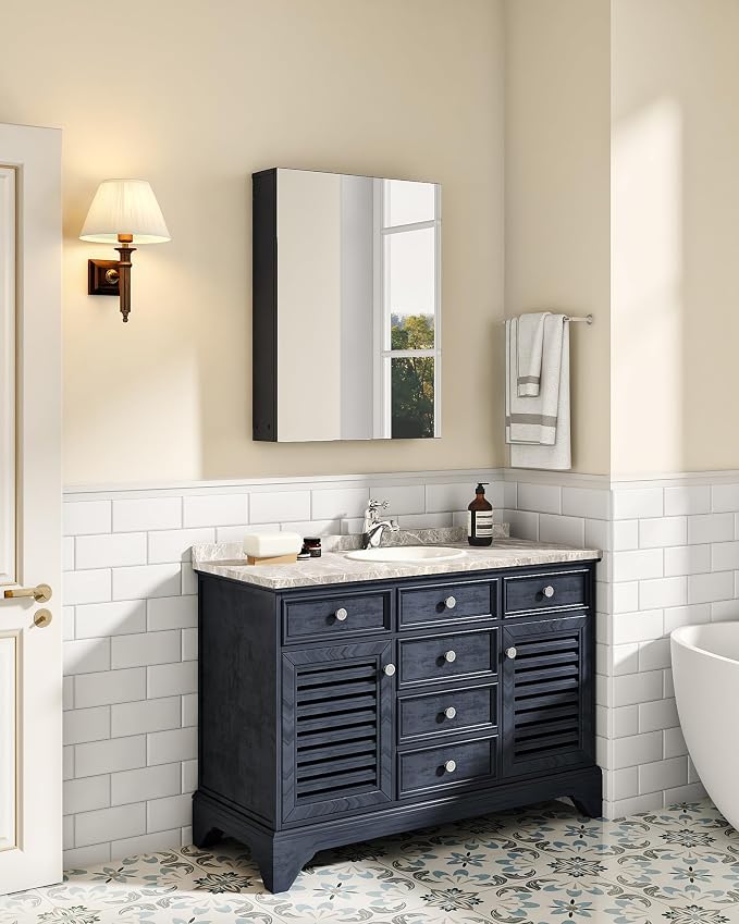 Bathroom Medicine Mirror Cabinet, 17.7'' x 23.6'', Wall-Mounted Bathroom Vanity with Mirror, Bathroom Medicine Cabinet with Storage Function, Hanging Storage Cabinet, Adjustable Shelves, Black