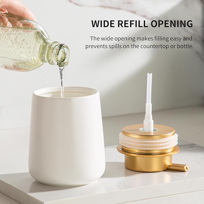 Enra White Ceramic Soap Dispenser, Lotion Dispenser with Gold Pump | 12oz Wide-Mouth Refill Design With Durable Ceramic Body. Elegant Accent for Countertops, Kitchens,and Modern Home Decor.