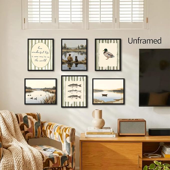 ZYANGZY Vintage Fishing Poster Set of 6, Retro Mallard Duck Wall Art Painting Rustic Nursery Wall Decor Dog and Boy Canvas Picture Prints for Farmhouse Bedroom Living Room 8x10 inch Unframed