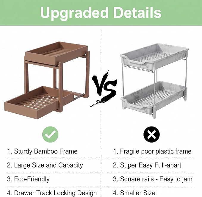 MHXW SXPN Bamboo Under Sink Organizer, 2 Pack Pull Out Cabinet Organizer | 2 Tier Vertical Smooth Slide Out Undersink Storage Shelf | Multi-Purpose Organizer Shelves for Kitchen Bathroom Medicine