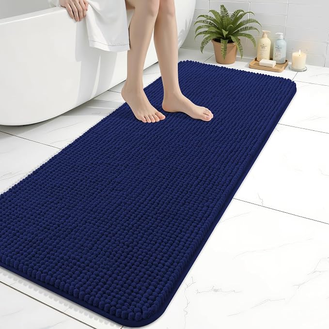Arotive Chenille Bathroom Rugs 47x17, Soft Absorbent Bath Mat, Navy | Rubber Backing, Machine Washable Dry Bath Mats for Bathroom Floor, Tub and Shower, Home Decor Accessories