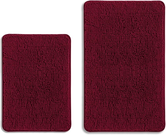 Vivid Burgundy Bathroom Rugs Sets 2 Piece – Absorbent and Washable Bath Mat, Non-Slip, Thick Soft Chenille Bath Rugs for Bathroom Floor, Shower, Sink - 17" x 24"+20" x 32"