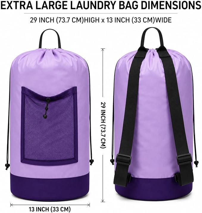 Backpack Laundry Bag, Durable polyster Laundry Backpack Bag with Shoulder Straps, Drawstring Closure & Mesh Pocket, Large Clothes Hamper for Dorm, Travel, Laundromat (Purple)