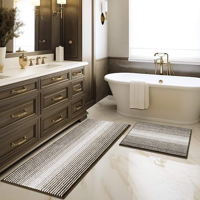 Bathroom Rugs and Mats Sets, 2 Piece Thick Absorbent Chenille Bath Mat Rug Set Non Slip, Soft Shaggy Bath Room Floor Mats for Bathroom, Machine Washable (Latte, 20" x 47" Plus 20" x 32")