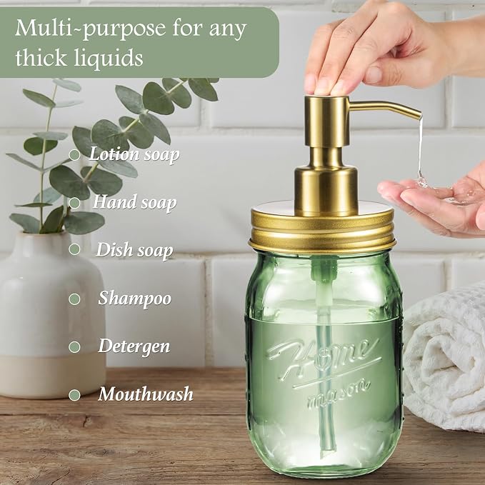 Amolliar Green Glass Bathroom Accessories Set, 4Pcs Mason Jar Bathroom Set | (Gold)Lotion Soap Dispenser, Toothbrush Holder, 2 Qtip Holders, Bathroom Countertop Storage, Bathroom Home Decor Organizer