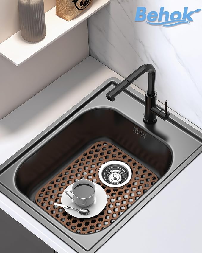 2 Pack Silicone Sink Protector Mat for Kitchen Sink Rear Drian Coffee | 13-9/16" x 11-5/8" Non-Slip Heat-resistant and Durable Silicone Grid