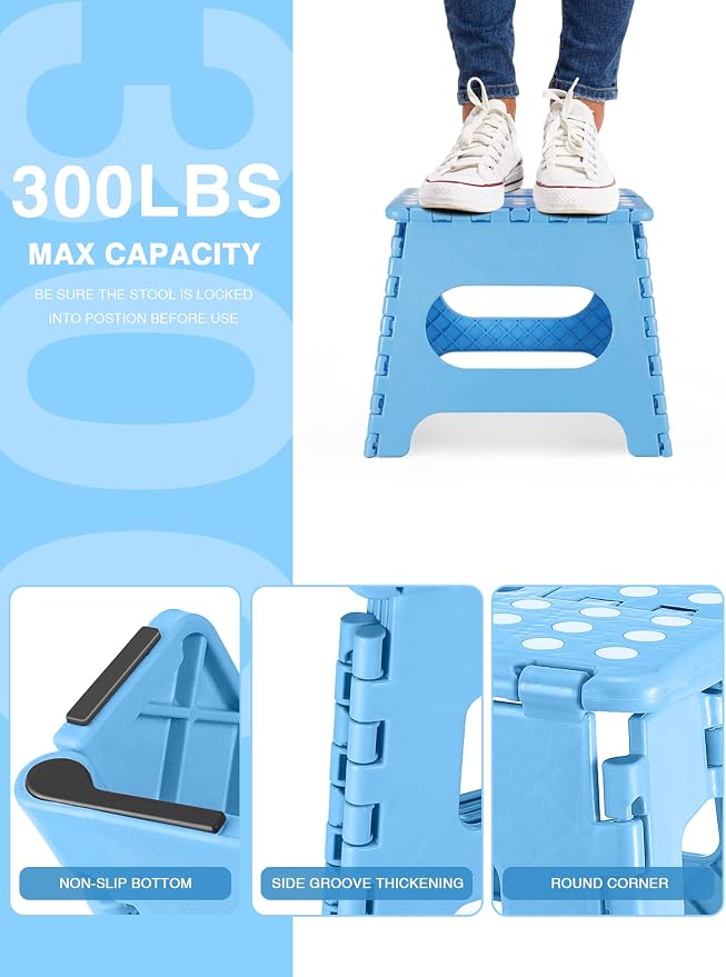 Dyforce Kids Step Stool 11 Inch, 300lbs Folding Step Stool for Adults | Toddler Step stool Light Blue,Anti-slip Heavy Duty with Carry Handle, Lightweight Foldable Stool for Bathroom Kitchen Bedroom