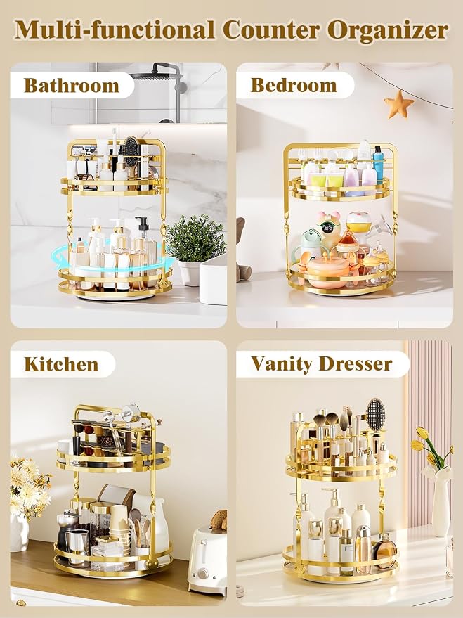 360°Rotating Makeup Organizer, Gold Bathroom Organizer Countertop | 2-Tier Bathroom Organizer Countertop, Lazy Susan Spinning Perfume Stand Vanity Tray Skincare Storage with Makeup Brush Holder