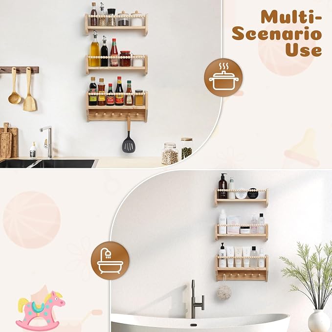 Nursery Floating Shelves for Kids Rooms – 16 Inches Floating Wall Bookshelves, Space - Saving for Kids Room, Bedroom and Study Room,Set of 3 (Pre-Strung Bead Strings)