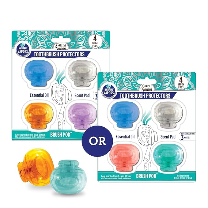 GuruNanda Brush Pods - Toothbrush Cover for Manual & Electric Toothbrush, Keeps Toothbrush Fresh & Clean, Travel Accessories with Natural Essential Oil Vapors, 4 Pack