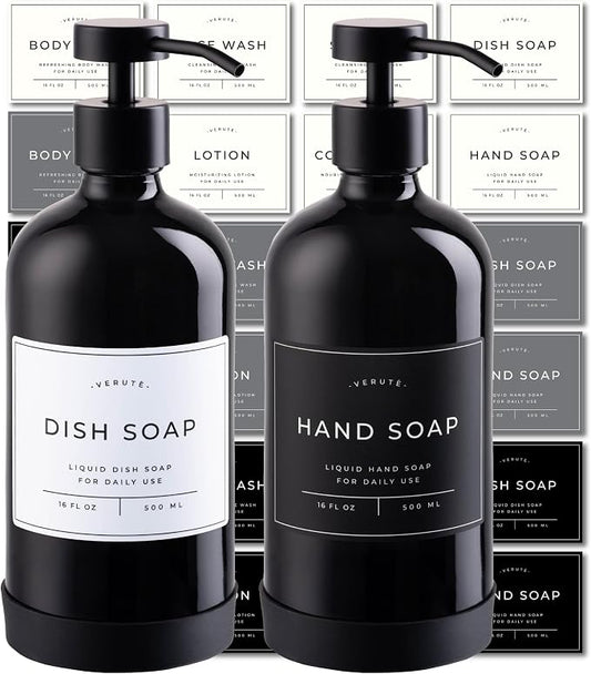 Hand and Dish Soap Dispenser for Kitchen and Bathroom, Set of 2 16 Oz Glass Bottles, Stainless Steel Pumps, Non-Slip Silicone Base, 27 Waterproof Labels (Gloss Black Bottle/Black Pump)