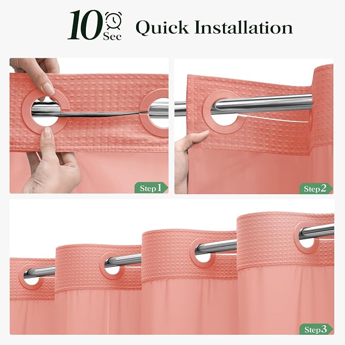 Coral Hook Free Waffle Shower Curtain & Snap-in Fabric Liner,72x75 | Less Time to install, 3 in 1 Fabric Shower Curtain and Liner Set with Magnets, Mesh Top Window, Shower Curtains for Bathroom