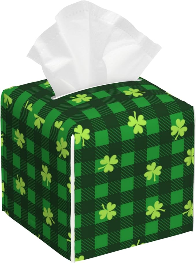 Tissue Box Cover Leather Tissue Box Holder Cube Tissue Case Cover Facial Paper Organizer Dispenser for Bathroom, Vanity Countertop, Office Desk (Four Leaf Clovers on Buffalo Plaid Checkered)