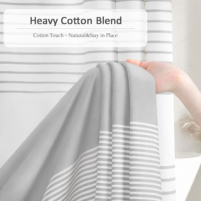 Grey Farmhouse Cotton Striped Shower Curtain with Tassel 60"W X 72"L | Boho Farmhouse Shower Curtains for Bathroom with Soft Cotton Feel