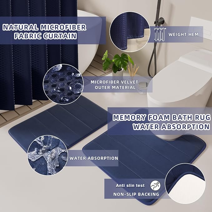 XLHOMO Bathroom Set - 25PC Blue Bathroom Set with Shower Curtain and Rugs, Bathroom Accessories Set, Blue Shower Curtain Set with Bathroom Trash Can