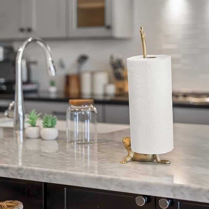 Gold Paper Towel Holder, Metal Toilet or Kitchen Paper Holder for Floor or Countertop, Gold Frog | 18.6 inch tall gold cast iron hand towel holder for kitchen countertop or bathroom with weighted base, no assembly