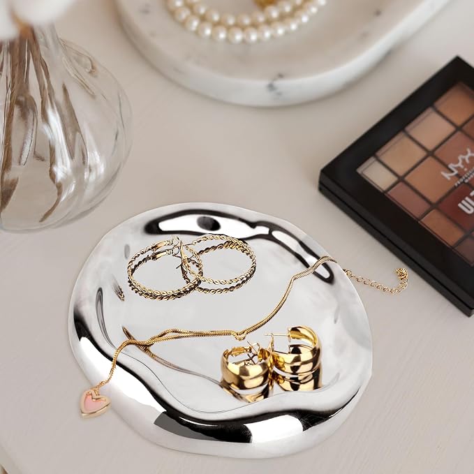 Silver Tray Decorative Vanity Tray Bathroom Tray Ceramic Jewelry Dish | CHENDECOR Silver Round Plate Holder Makeup Tray Home Organizers Irregular Storage Plate Bathroom organizer