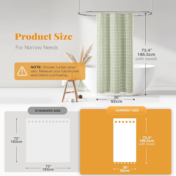 Stall Boho Linen Fabric Heavy Duty Shower Curtain, 36x72, Sage Green | Half Size, 330GSM Linen Blend, 3-side Tassels, Water Repellent Cloth, 6 Plastic Hooks, Rustic Bohemian, Machine Washable